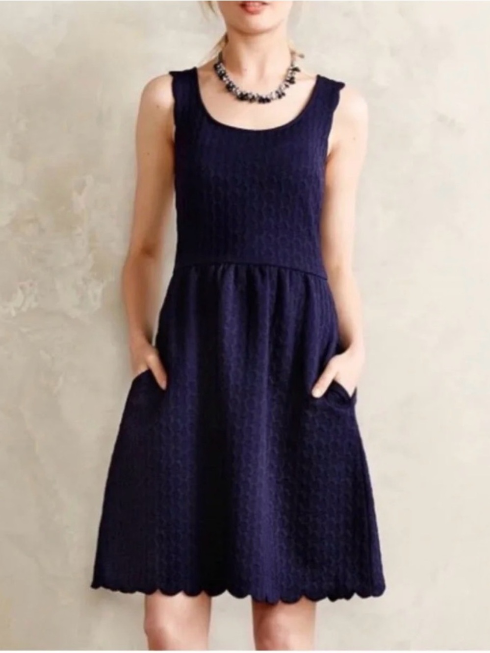 Anthropologie Maeve Caye Scalloped Navy Blue Sleeveless lace A line dress sz XS